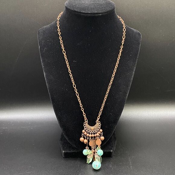 Aged Copper Tone Crescent Pendant with Green Plastic Beads - Free Shipping - Picture 3 of 4